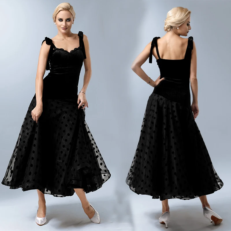 

Женское бархатное платье для бальных танцев, черное платье для латиноамериканских танцев с волнистыми краями, одежда для выступлений и выступлений, SL9390