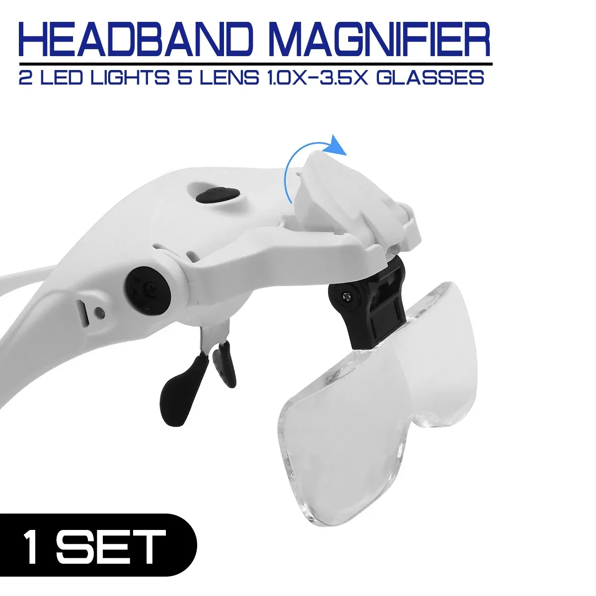 

1.0X-3.5X Glasses Magnifier Adjustable Bracket Headband Loupe 2 LED Lights 5 Lens and USB Charge Goggles Helping Hand Instrument
