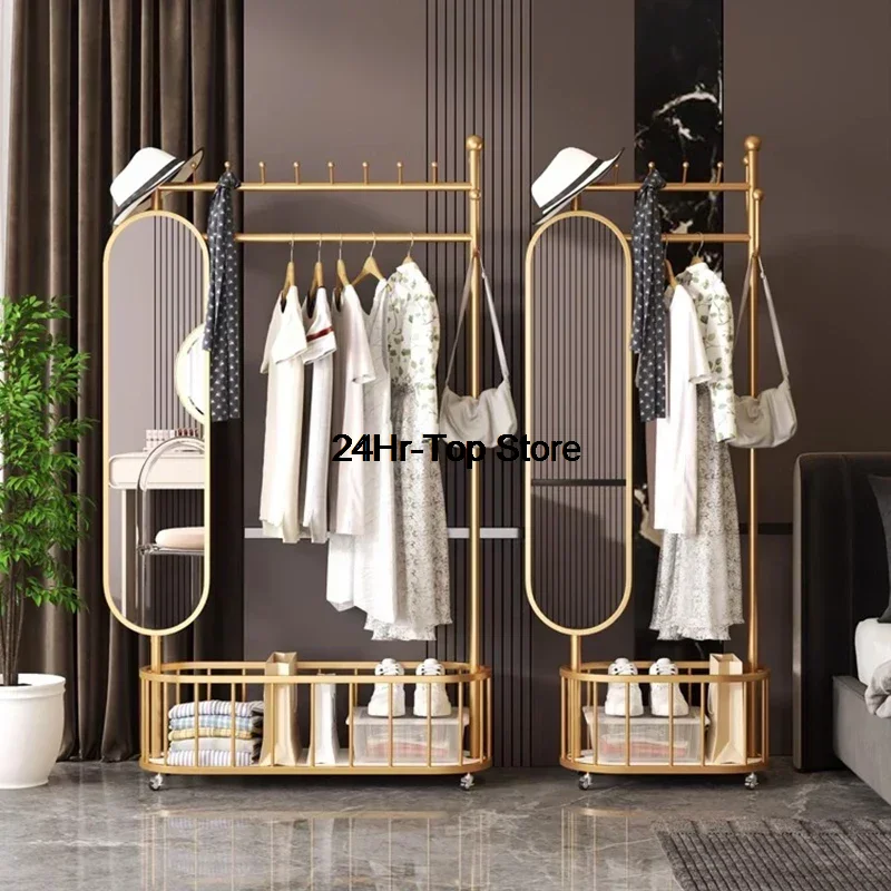 

Gold Clothing Coat Racks Nordic Mirror Movable Shelves Italian Hanger Clothes Rack Wheel Percheros Para Ropa Furniture Bedroom