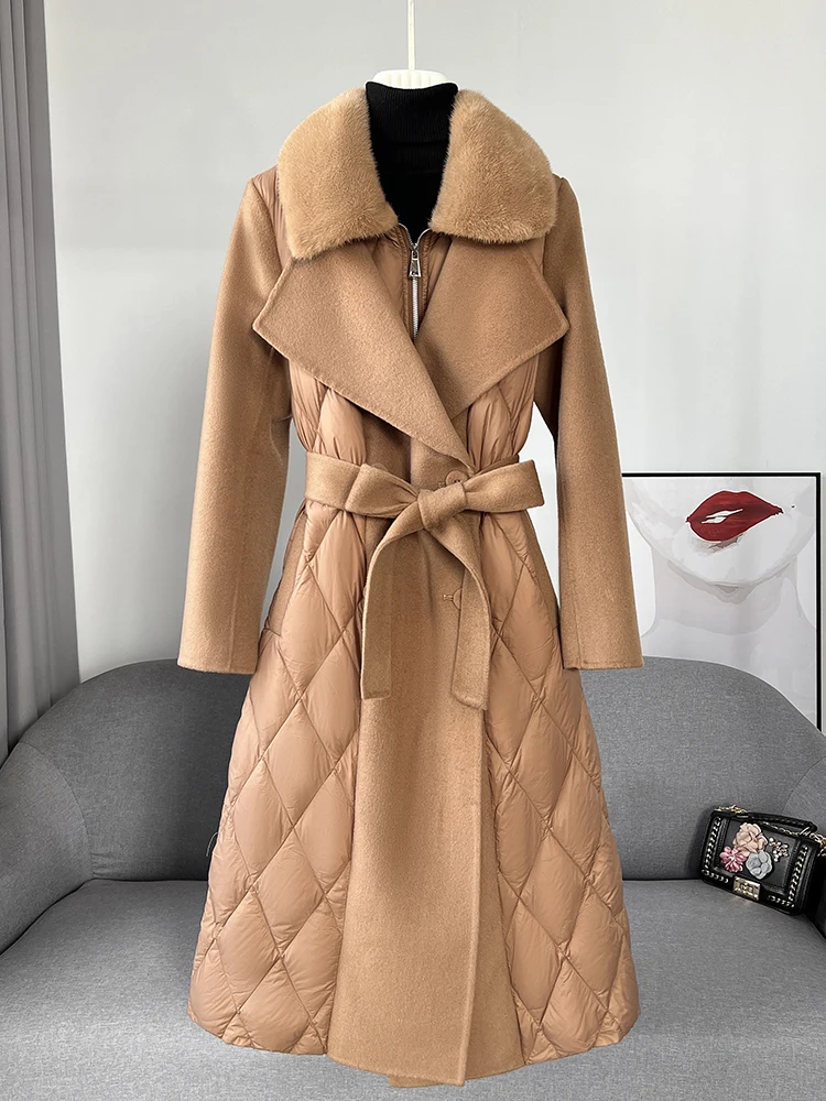 

2023 autumn/winter long high-end woolen jacket for women with mink collar, white goose down jacket, patchwork double-sided