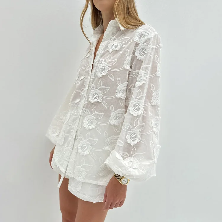 Printed See-Through Sexy Outfits Female Patchwork Cardigan Shirts And Lace-Up High Waist Shorts Sets Autumn 2 Piece-Set