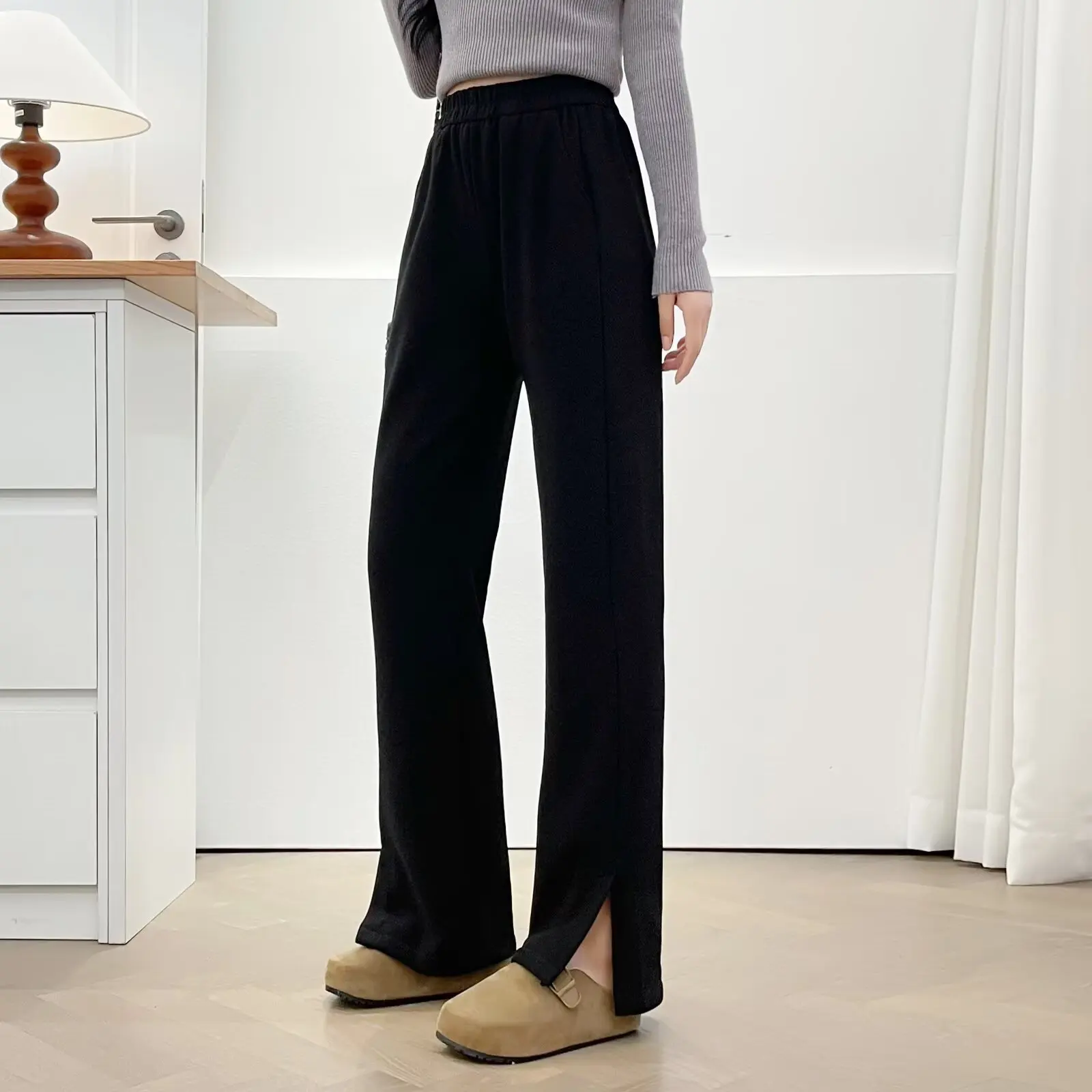 XXXXL Fashion Plus Size Women's Straight Leg Pants New Winter Style Simple And Elegant Fleece Slit Casual Trousers 5136