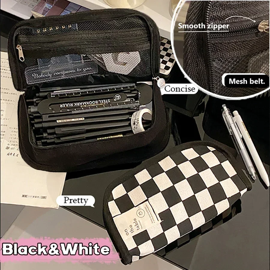 Pencil Cases Stationery Box Korean Canvas Lattice Pencil Bag for students