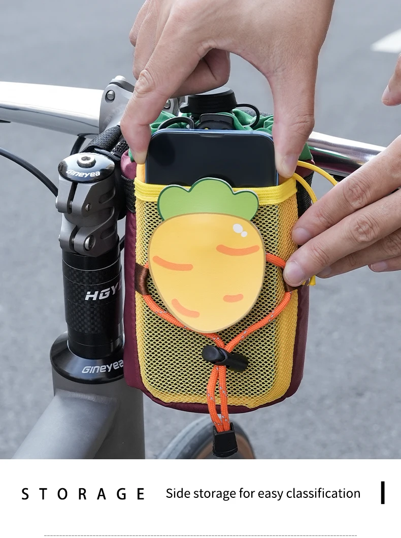 Fahrrad-Lenkertasche mit Flaschenhalter, Trinkbecherhalter mit Kordelzug, Niedliche Fahrradtasche – Detail 5