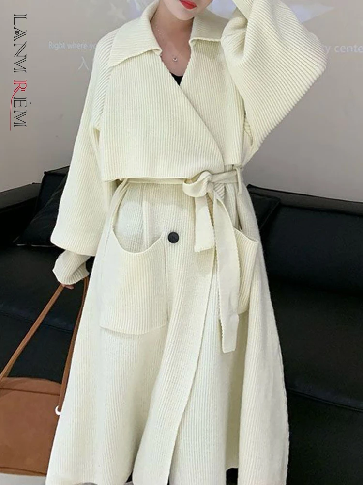 

LANMREM Knitting Long Sweater For Women Casual Solid Color Belt Pockets Warm Coat Fashion 2023 Autumn Winter New 2AA1683