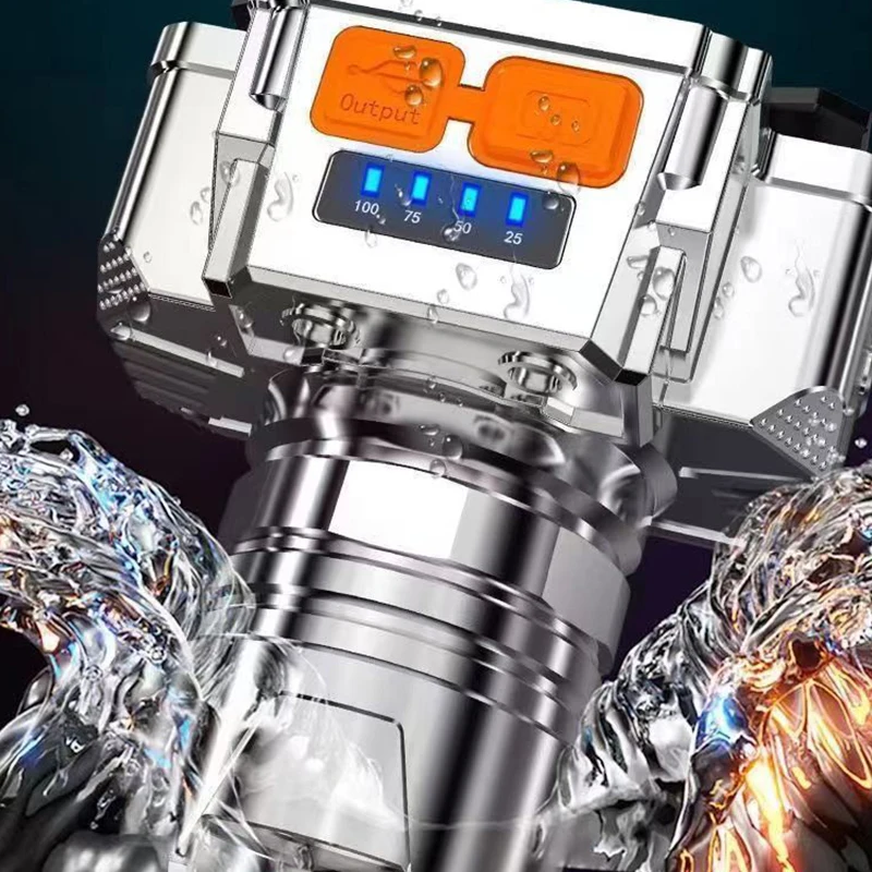 휴대용 LED 헤드 마운트 손전등, 야외 방수, 강력한 헤드램프, USB 충전식 캠핑 랜턴, 전원 디스플레이 포함