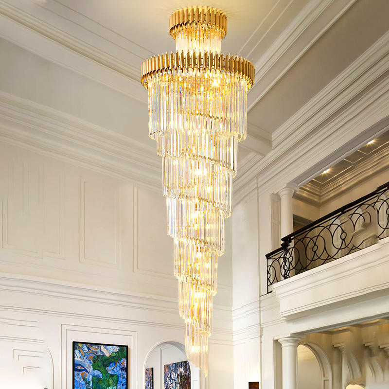Modern Long Spiral Large Big Stair Chandeliers Lighting Luxury Crystal LED Pendant Lamp High Ceilings