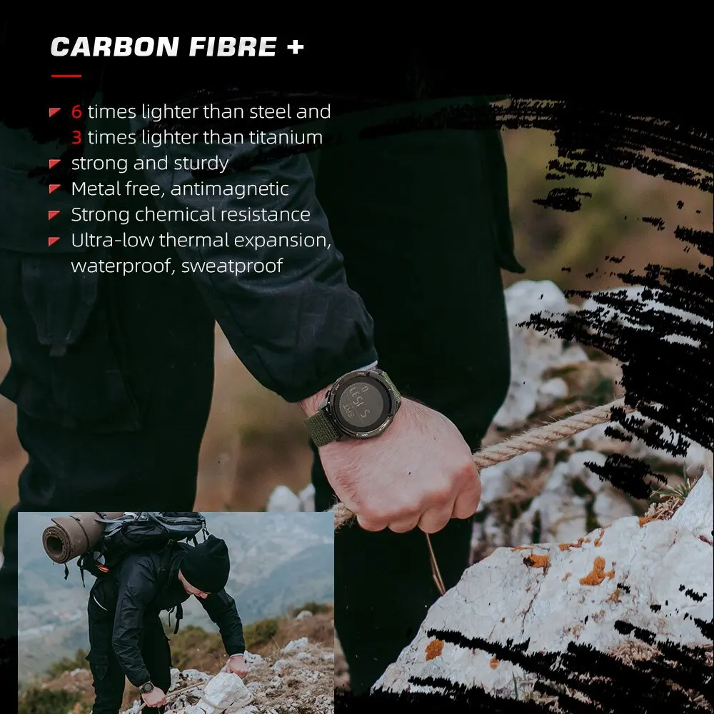 NORTH EDGE ALPS Men's Digital Carbon fiber Watch Shock Militray Sports Super Light Outdoor Compass Waterproof 50M Wristwatches 5