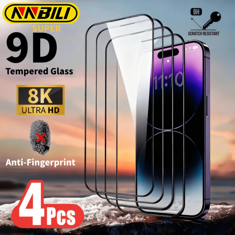 NNBILI 4pcs Full-coverage 9H Tempered Glass Screen Protector for iPhone Pro Max 17e 16e Anti-Fingerprint