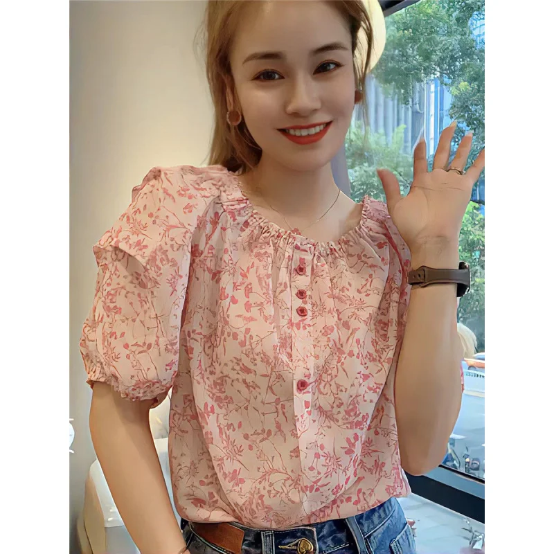 

Южнокорейская Молодежная рубашка Dongdaemun в западном стиле с пышными рукавами женская цветочная рубашка с круглым вырезом в Корейском стиле нежный Топ Sum