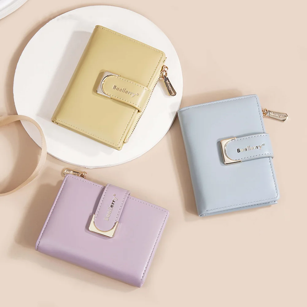 Fashion Solid Color Women Short Wallet Travel Organizer Fold Card Holder Coin Bag Ins Pu Luxury Small Purse For Gift 2