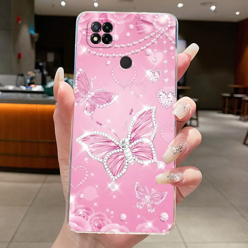 레드미 9C 10A용 케이스 클리어 럭셔리 패션 나비 꽃 소프트 TPU 실리콘 커버 레드미 10A 9C 투명 폰 케이스