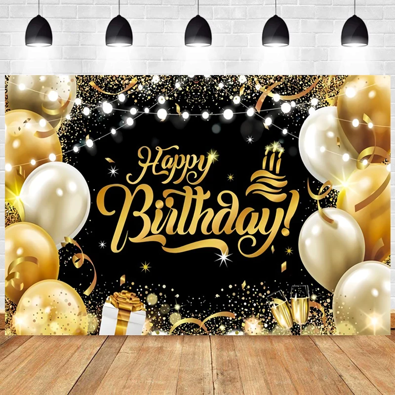 

Gold Black Glitters Balloon Happy Birthday Party Backdrops Women Men Photography Background Photography Home Studio Decor Banner