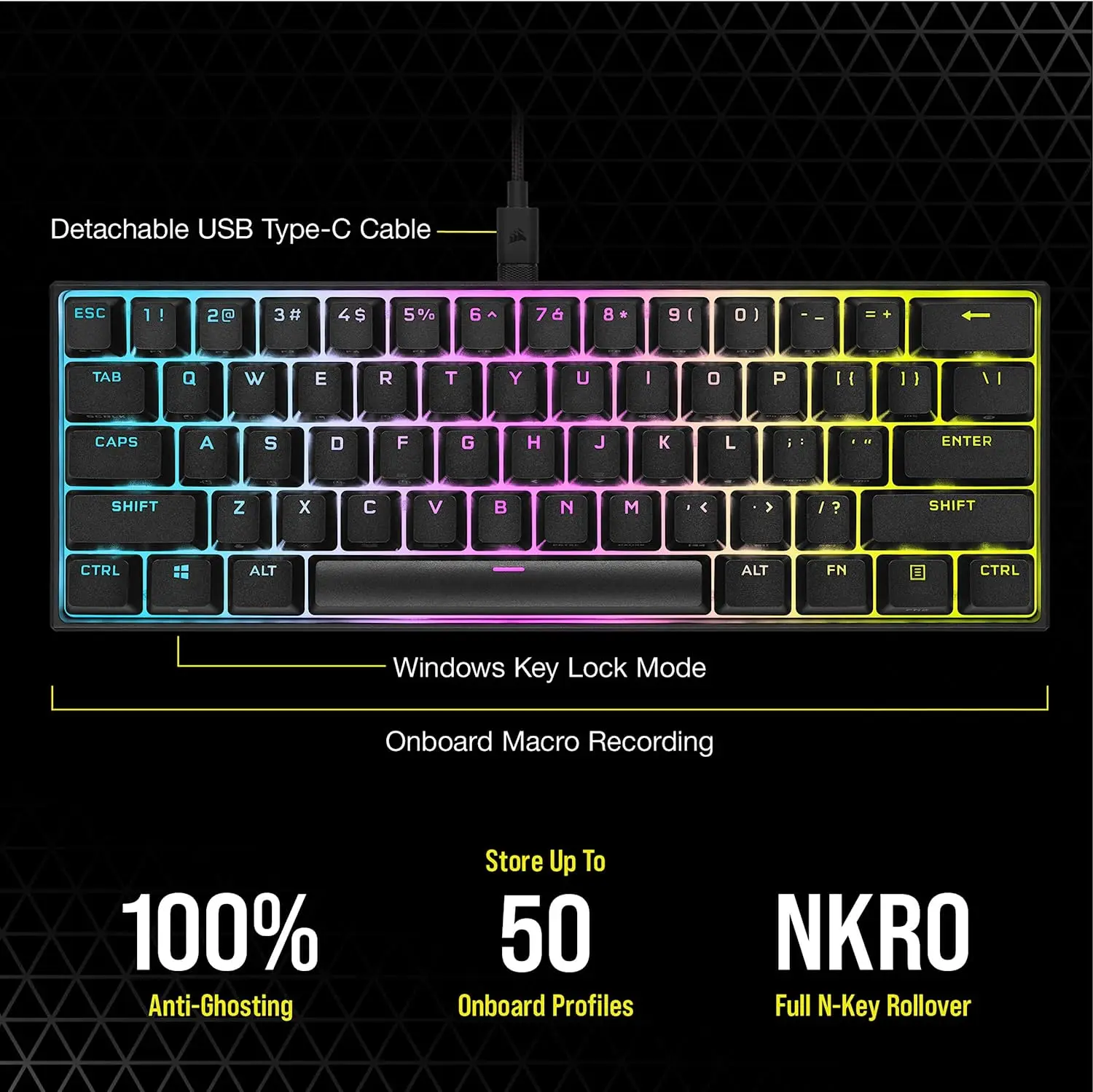 Corsair-K65 rgb mini 60% メカニカルゲーミングキーボード,バック 