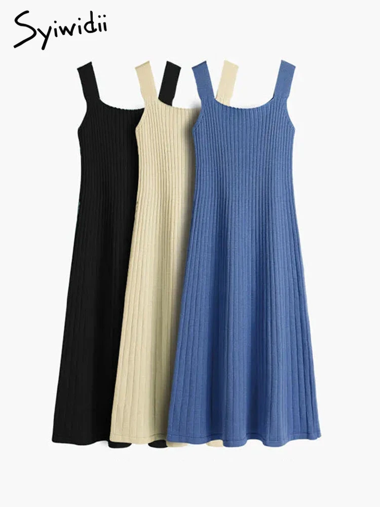Syiwidii Knitted Summer Dress Women Midi Casual Shealth Elegant Chic Female Party 2022 Black Bodycon Dresses Square Collar Blue party dresses for women