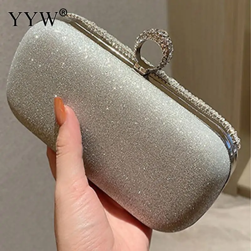 Luxury Silver Glitter Diamond Evening Clutch Handbag Shiny Rhinestone Ring Holder Matte Women Messenger Purse Metal Chain Bag