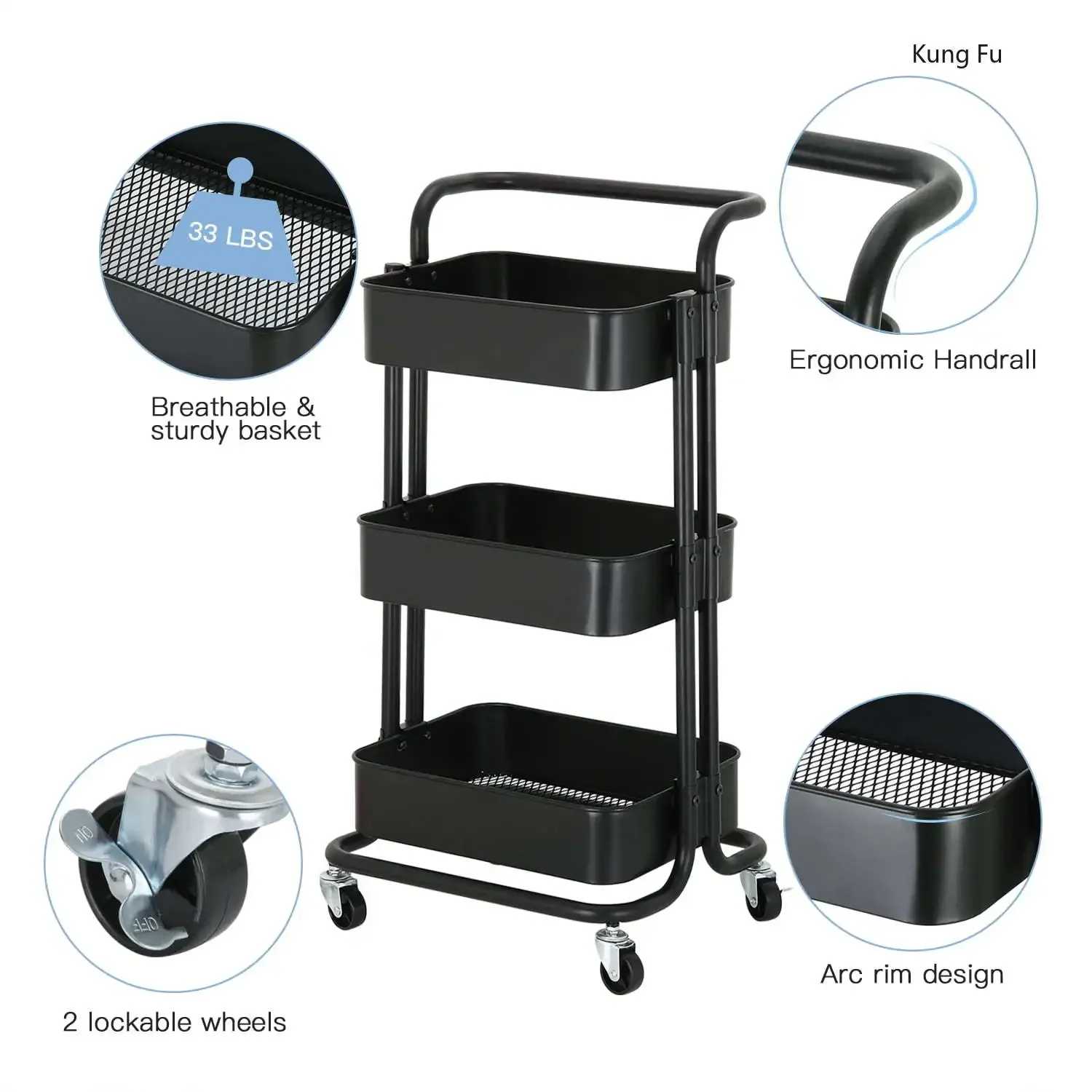 3-Tier Metal Rolling Utility Cart Multi-Function Organizer Shelf Kitchen Organizer Rack Snack Trolley