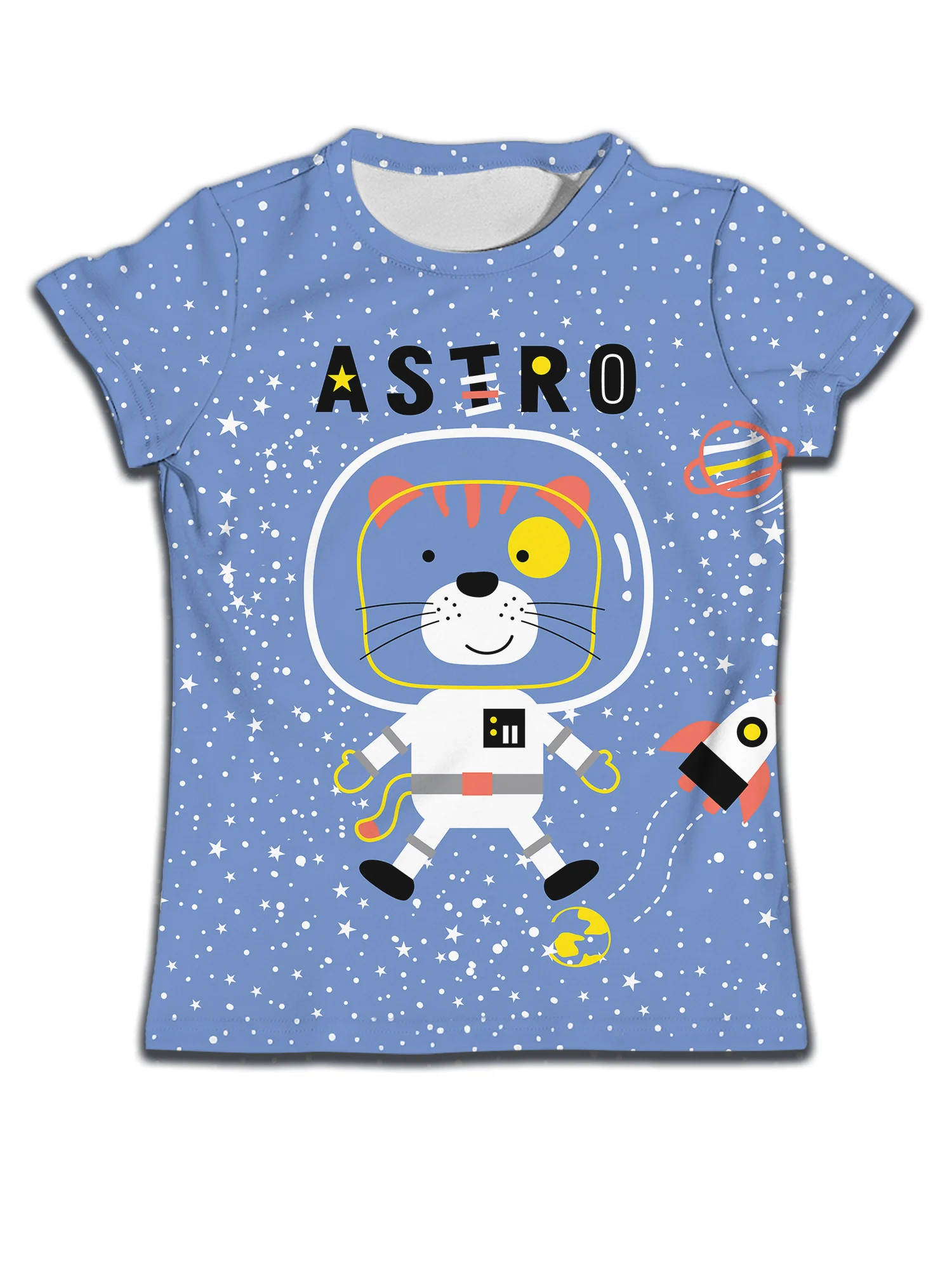 

Summer children's casual T-shirt cute cartoon animal astronaut space print boys' blue short sleeved casual O-neck girls' top