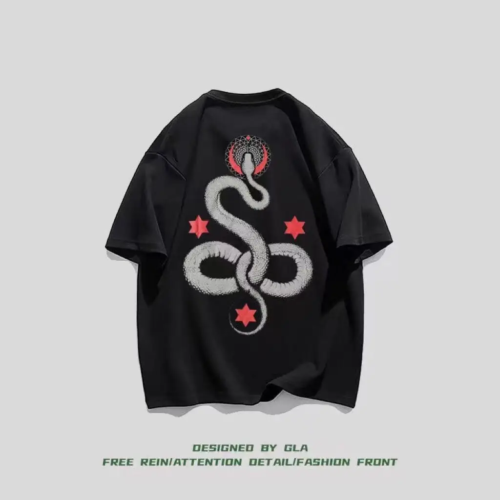 

Oversize Half-Sleeved Original Tide Brand Big Snake Print 100% Cotton T-Shirt Men's Loose Street Hip-Hop 2023 New