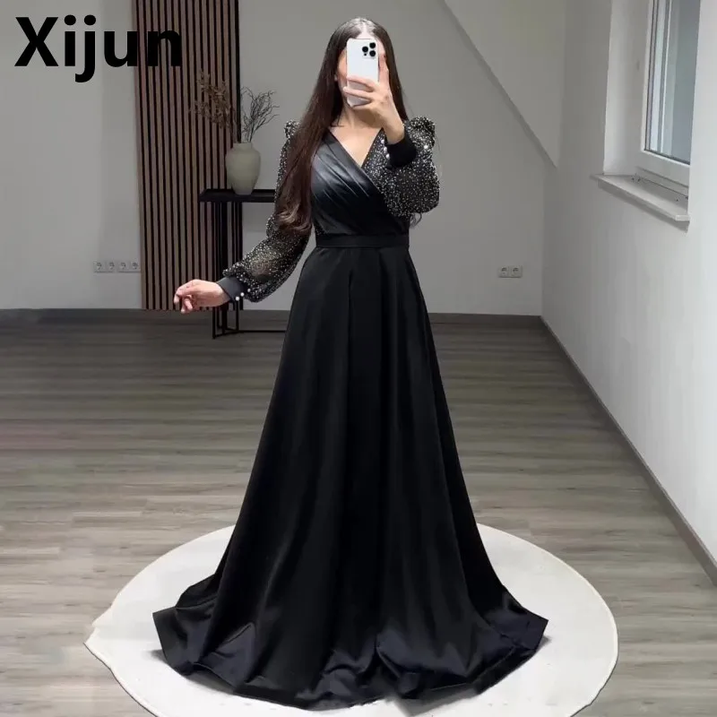 

XIjun 2023 Black A Line Evening Dress Puff Sleeves V Neck Sparkly Sequins Custom Made Plus Size Formal Dubai Prom Party Gown