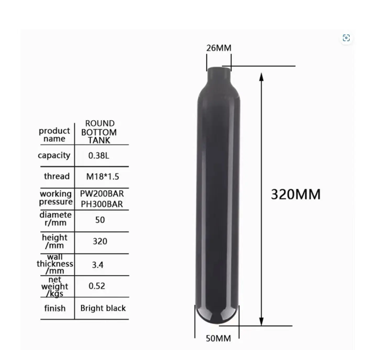 0.38LRound Aluminum Bottle 50mm OD  M18*1.5 Inlet Thread Tank Bottle 20Mpa 4500psi Tank Regulator For Cylinder Diving 5