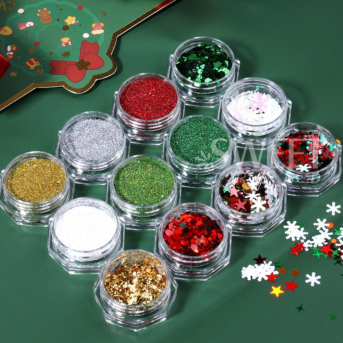 12pcs Christmas Sparkling Nail Art Glitter Mixed Snowflakes Laser Powder Gold Foils Sugar Flash Winter New Year Manicure Decor