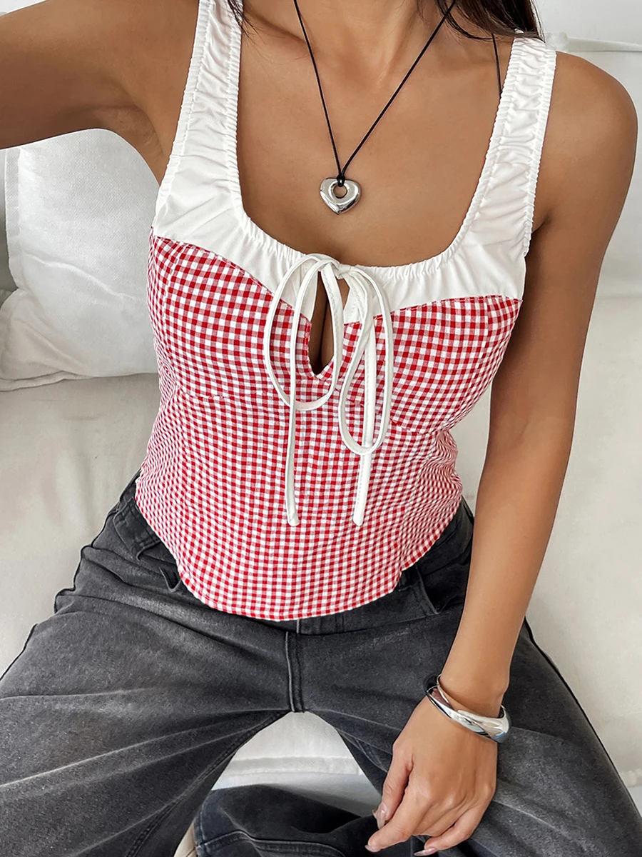 Women s Sleeveless Plaid Patchwork Tie-Up Front Tank Top with Casual Streetwear Style and Summer Fashion Design