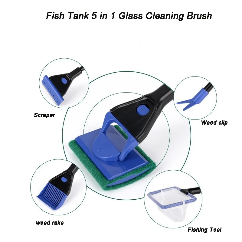 Aquarium Cleaning Tools 5 in 1  Aquarium Tank Clean Set Fish Net Gravel Rake Algae Scraper Fork Sponge Brush Glass Cleaner