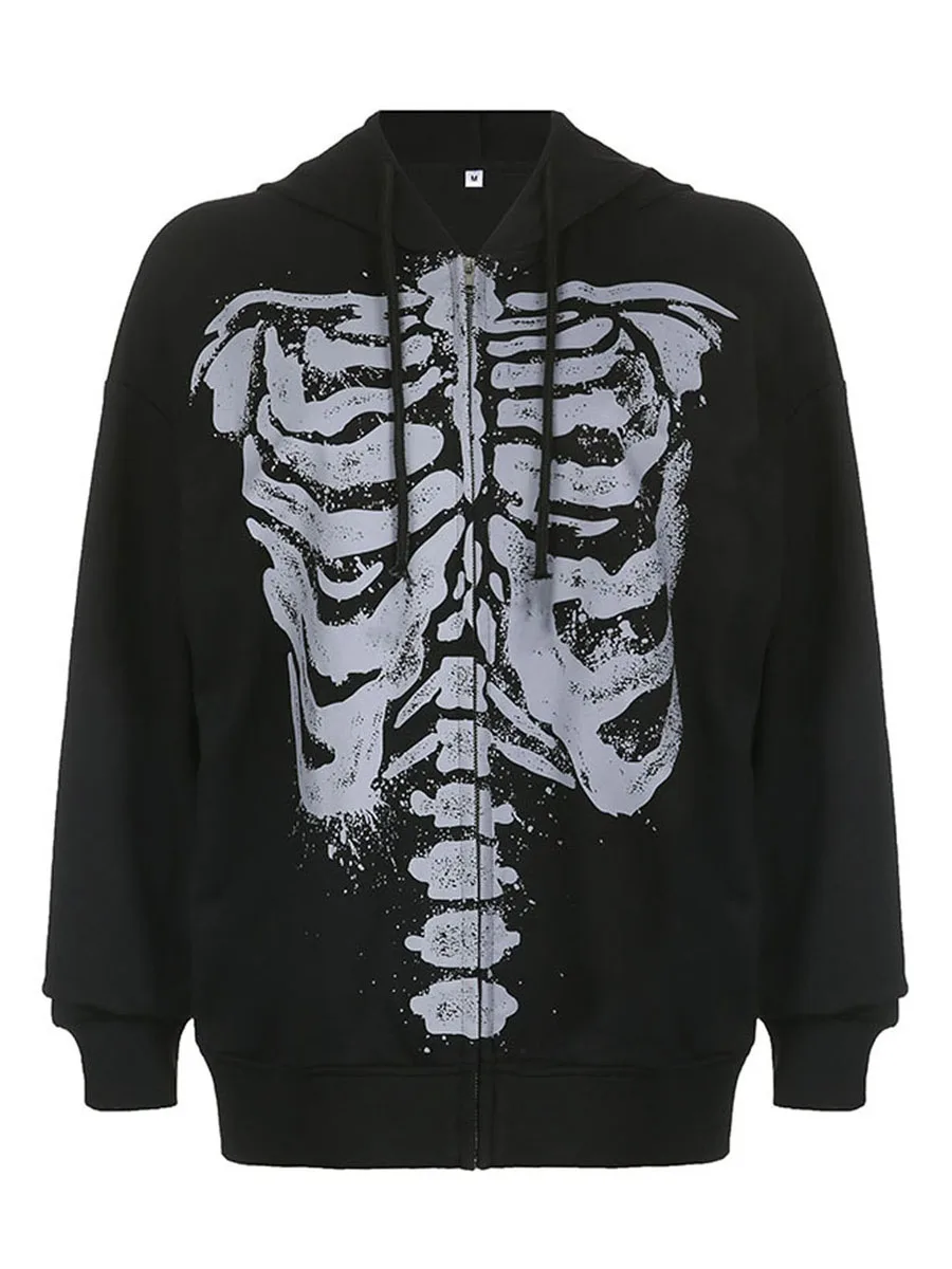 Gothic Skull Hoodie - Casual Long Sleeve Zipper Coat for Halloween