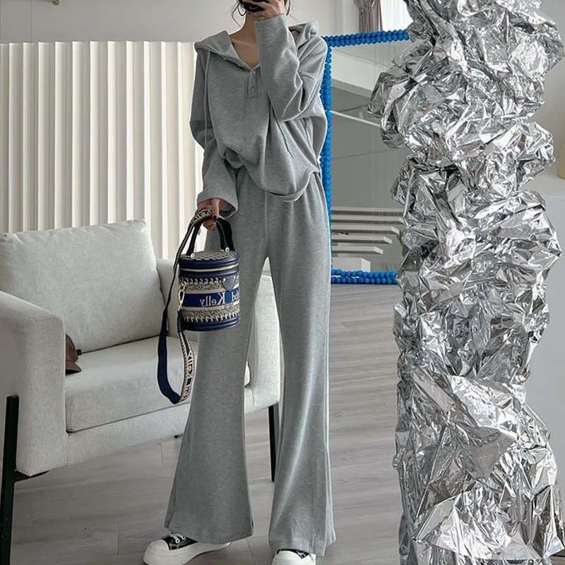 

Sweatshirt Flare Pant Sets Long Sleeve New Two Piece Set for Women Button Hoodies Outfit Korean Tracksuit 2023 Winter Warm Suit