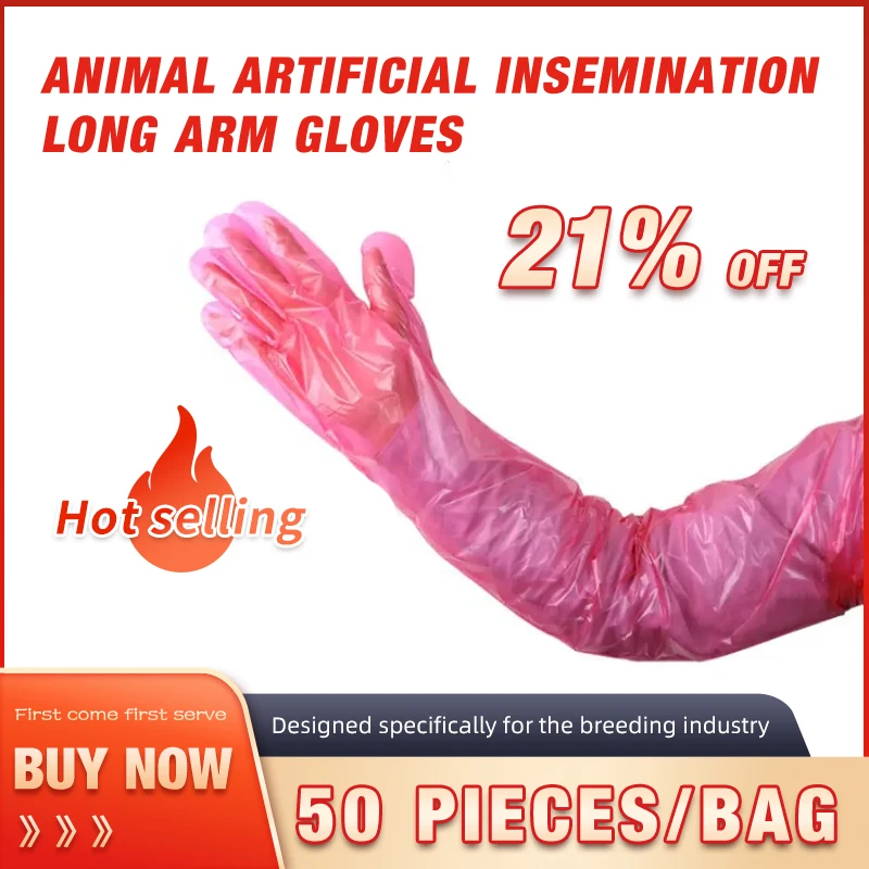 

50Pcs Disposable Veterinary Pink Hanging Neck Gloves PE Animal Artificial Insemination Long Arm Gloves 12G Pet Vet Supplies