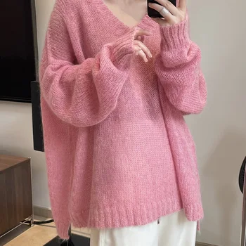 HanOrange 용수철 여성용 양모 및 믹스 스웨터, 레이지 V넥 모헤어 니트 스웨터, 루즈하고 푹신한 풀오버, 2024 패션