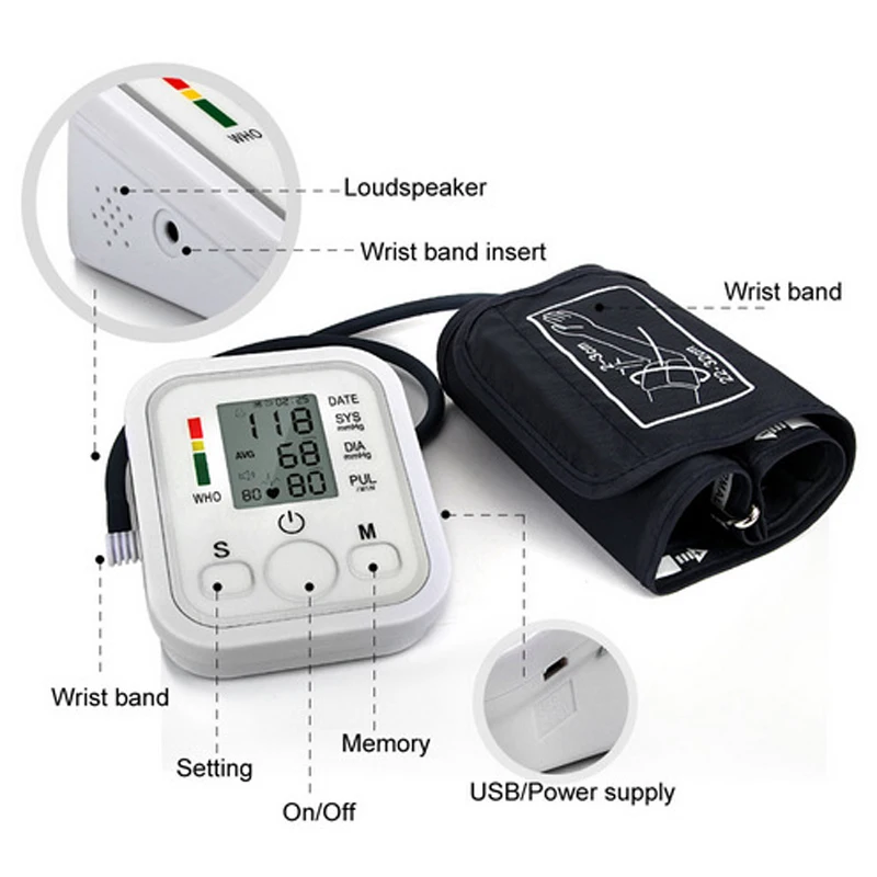Medical Digital Arm BP Blood Pressure Monitor Tensiometer Tonometer Automatic Sphygmomanometer Heart Rate Pulse Meter