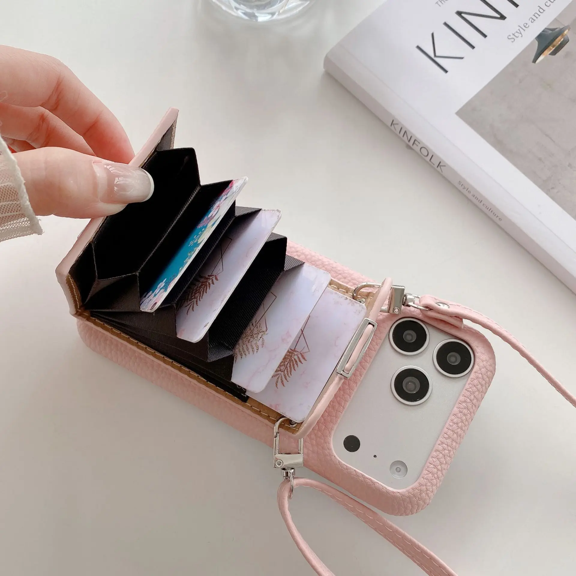 Elegant Leather Wallet Shoulder Strap Phone Case with Card Pocket and Lanyard Cover