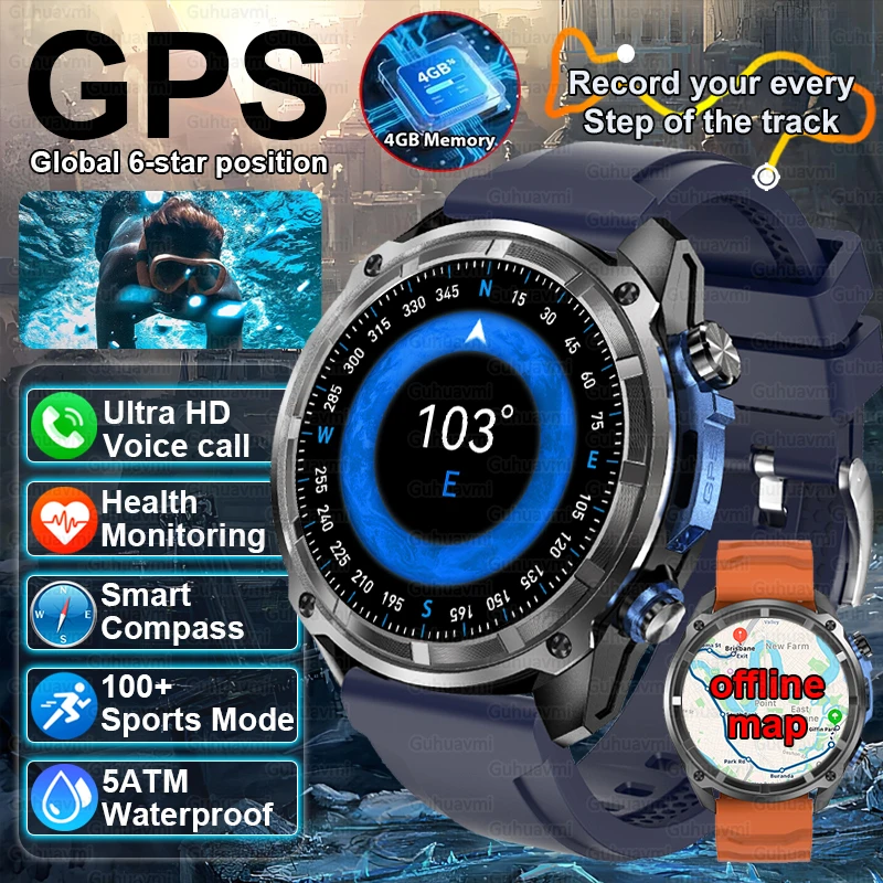 2025 New Military GPS Smartwatch 4GB Large Memory Music Player Offine Map Bluetooth Call 50Meter Swimming Sports Smart Watch Men