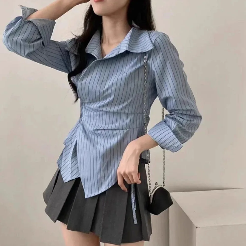 Chemise rayée décontractée printemps-automne pour femme, chemisier élégant à manches longues, coupe ajustée, hauts de bureau pour femme