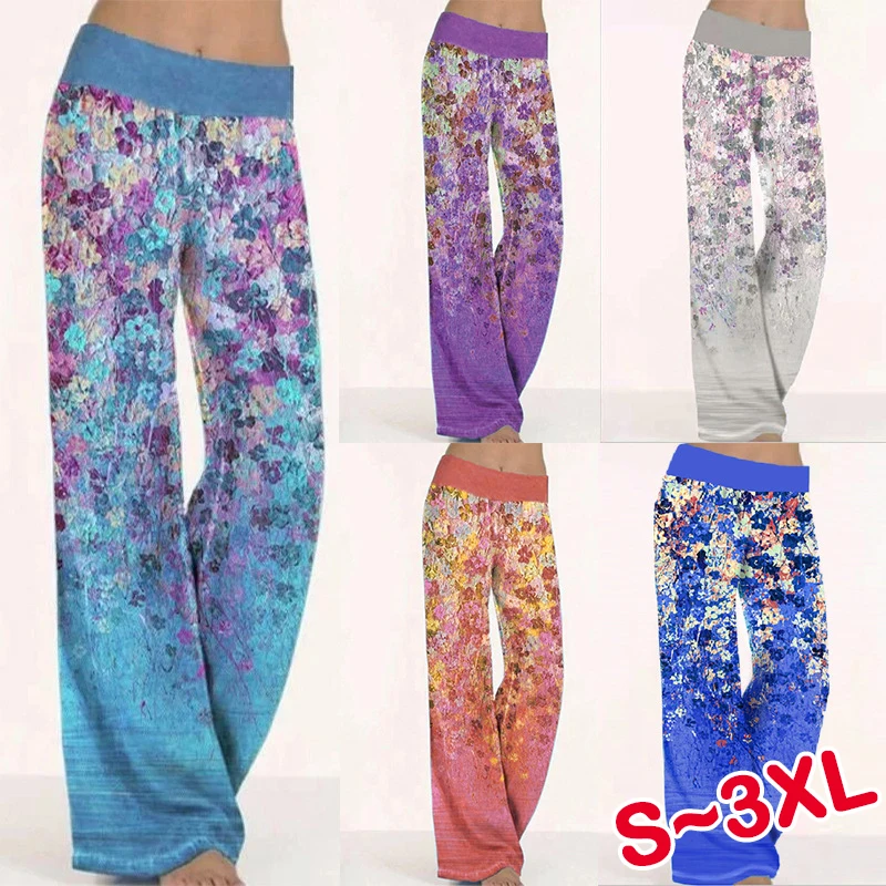 2024 Women's Printed Yoga Wide Leg Pants Summer Casual Bohemian Loose Elastic High Waist Pants