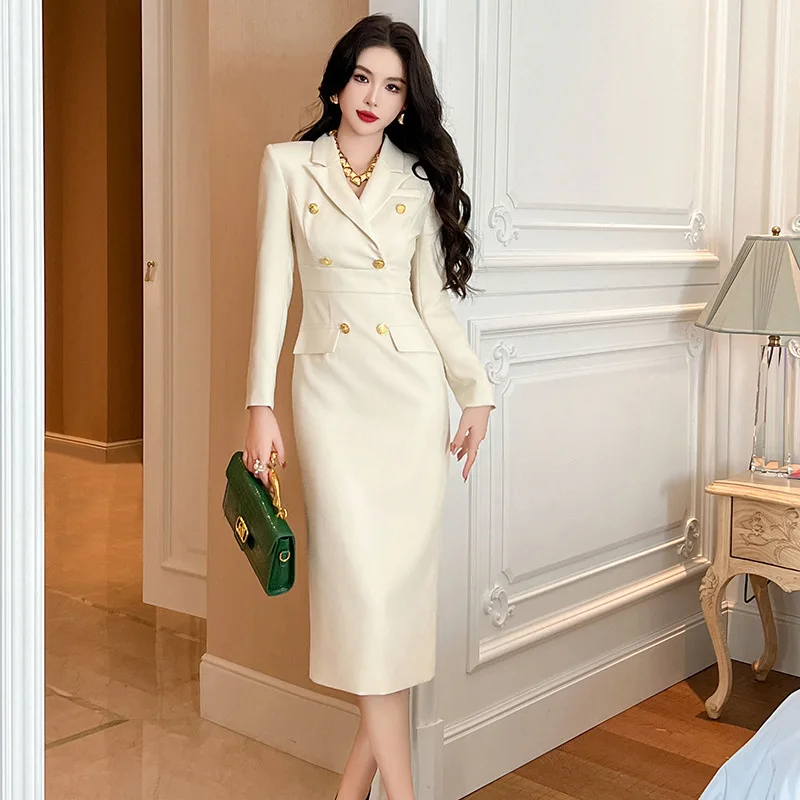 

2023 Winter New Women's Dress with Royal Sister Style and Elegance, Suit Collar Double breasted Slim Fit Wrapped Hip Dress 50562