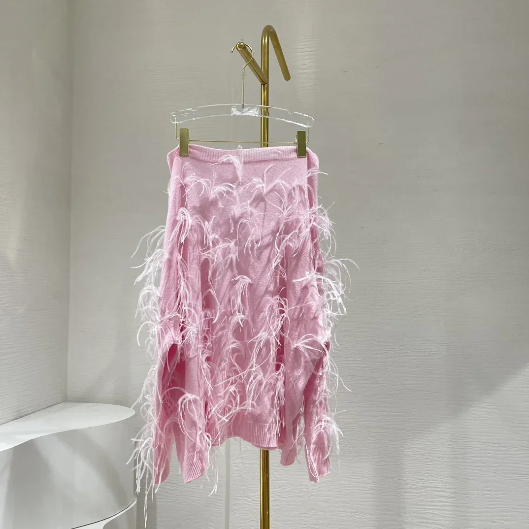 

Pink Feather Long Sleeve Knit Sweater Pullover