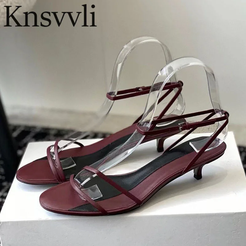 

Sexy Kitten Heels Sandals Woman Genuine Leather Narrow Band Summer Shoes For Women Ankle Strap Runway Sandals Women Sandalias