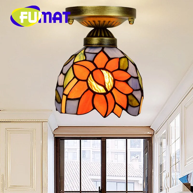 

FUMAT Tiffany style stained glass 6 inch pastoral blue sunflower ceiling light for bedroom hallway hallway balcony LED decor