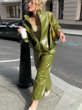 Vintage Street Leather Skirts Suits Women Outfit Standneck Zipper Long Sleeves Sets Female Autumn Fashion Green Streetwears 1
