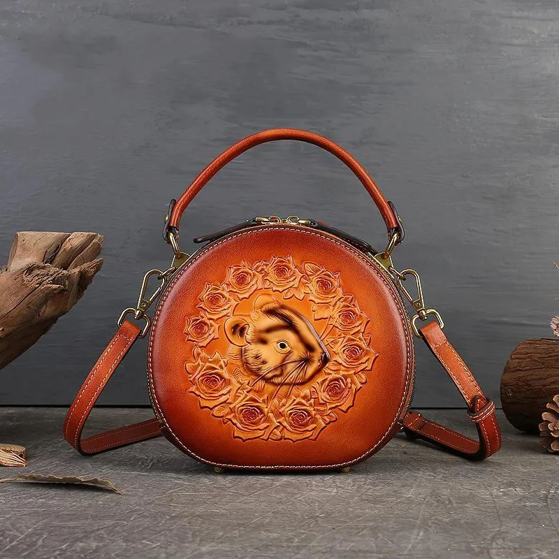 

female Handmade Embossing Circular Handbag 2024 New Genuine Leather Women Bag Vintage Animal Pattern Cowhide Shoulder Bags Bolsa