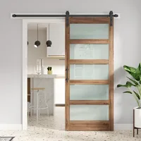 36 x 84 inch Glass Barn Door with 6.6FT Barn Door Hardware Kit,5-Panel Frosted Glass, Water-Proof Surface,Pre-Drilled Holes 1