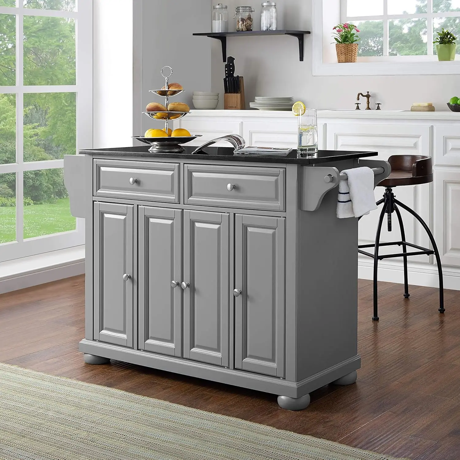 Alexandria Kitchen Island with Solid Black Granite Top, Vintage Grey