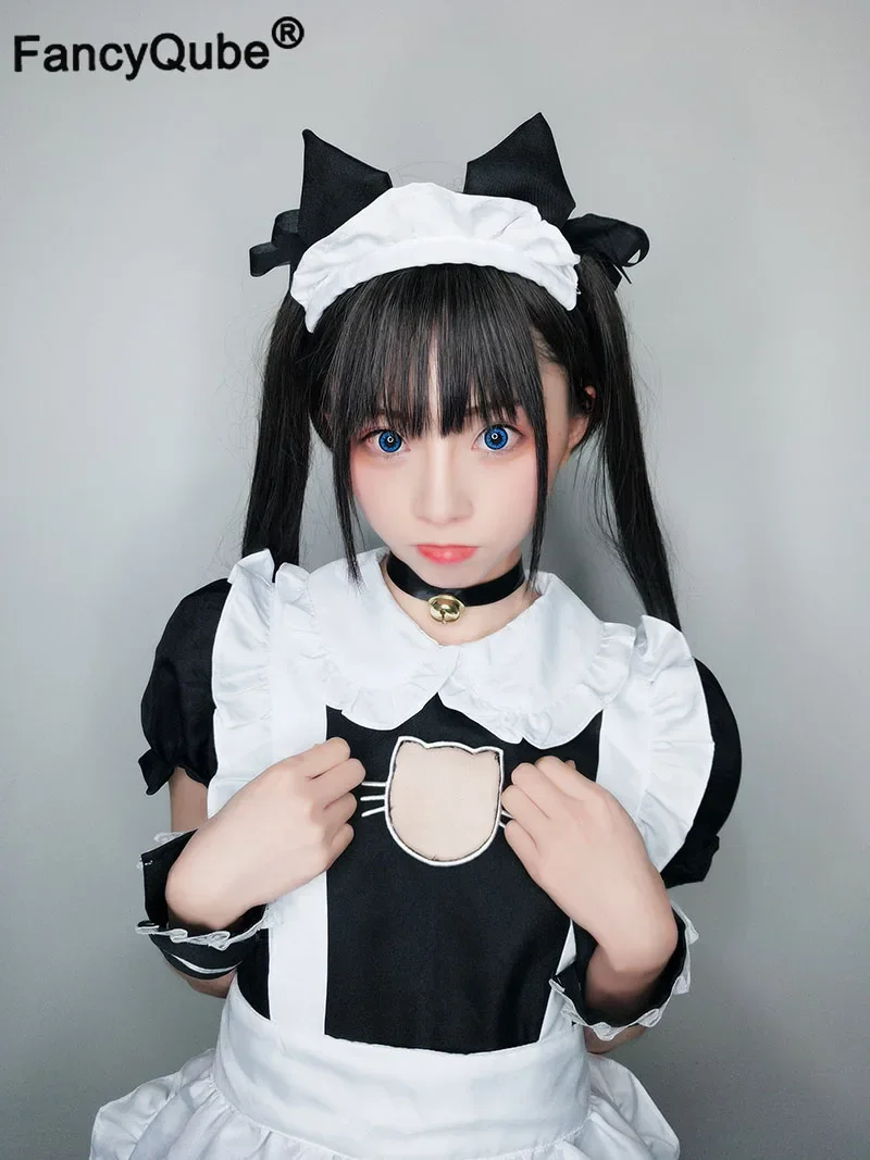 Bust Open Maid Cosplay Costume Sexy Catwomen Kitty Outfit Cotton Apron Lovely Lace Mini Dress For Women Anime Black White Lolita