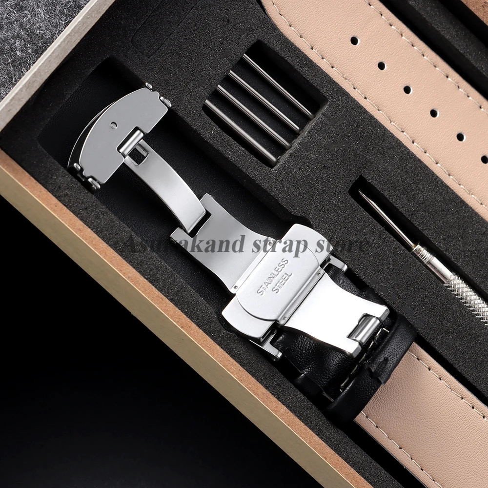 Premium Genuine Leather Watch Band with Butterfly Clasp - Brown & Black Bracelet Strap