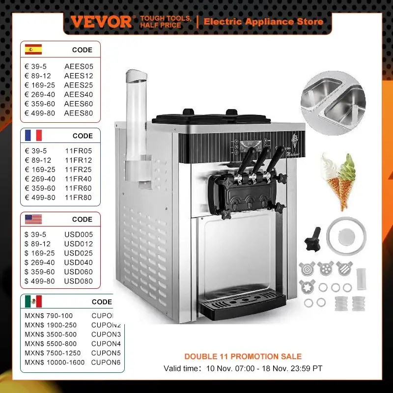 VEVOR 18-28L/H Soft Ice Cream Machines Commercial Sorbet Coolers Tricolor Desktop Sweet Cone Freezing Equipment Vending Machine