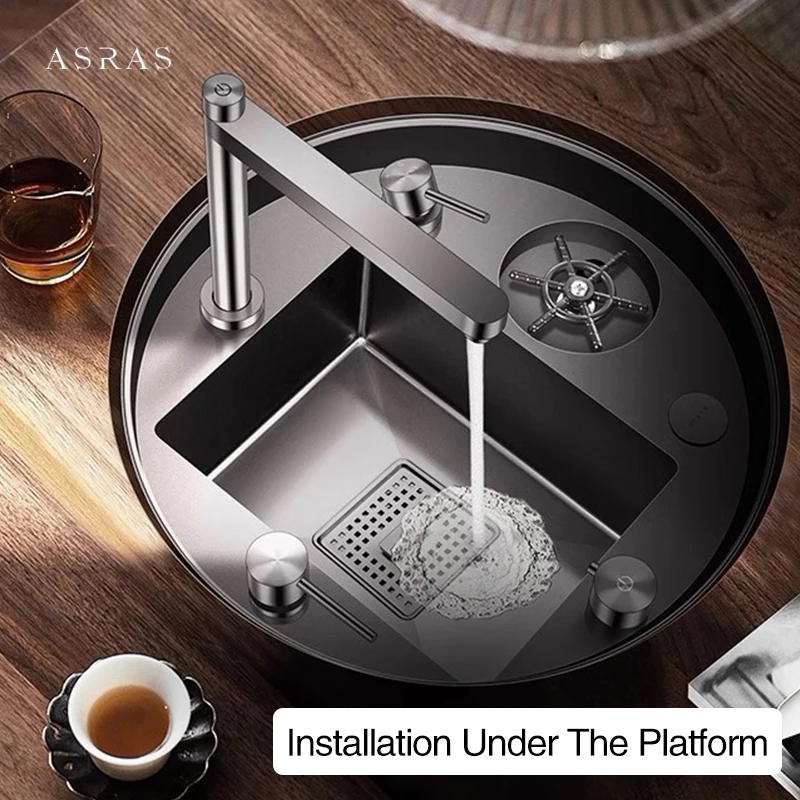 ASRAS Nanometer Hidden Circular Mini Kitchen Island Sink 304 Stainless Steel 4mm Thickness Handmade Sinks Cup Rinser Sinks 3