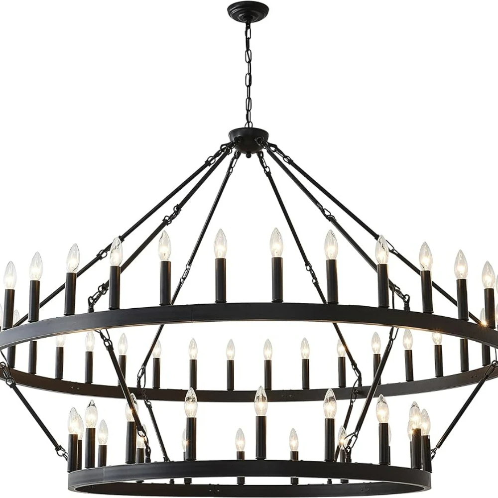 

2 Tier 60 Inch Large Wagon Wheel Chandelier Farmhouse,54-Light Black Industrial Ceiling Pendant Light Fixture Round Rustic